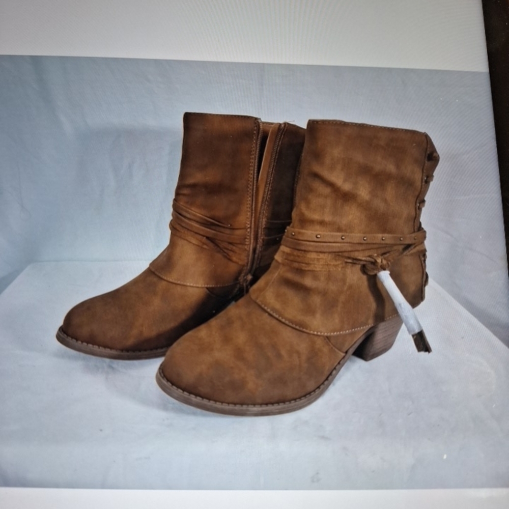 Sugar Brown Suede-Look Ankle Booties with Wrap Strap